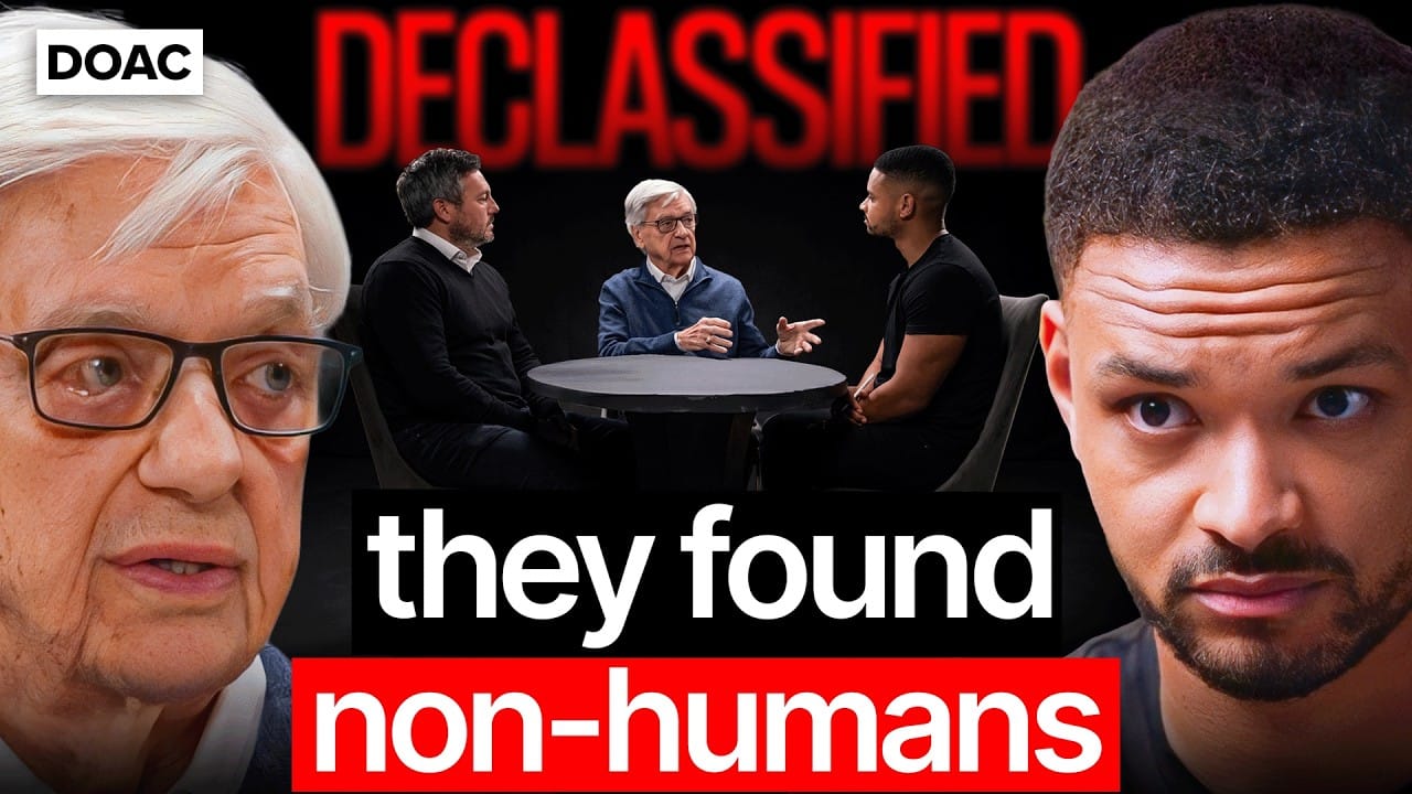 A Diary of a CEO episode thumbnail reading “DECLASSIFIED: they found non-humans,” featuring Hal Puthoff and Steven Bartlett.