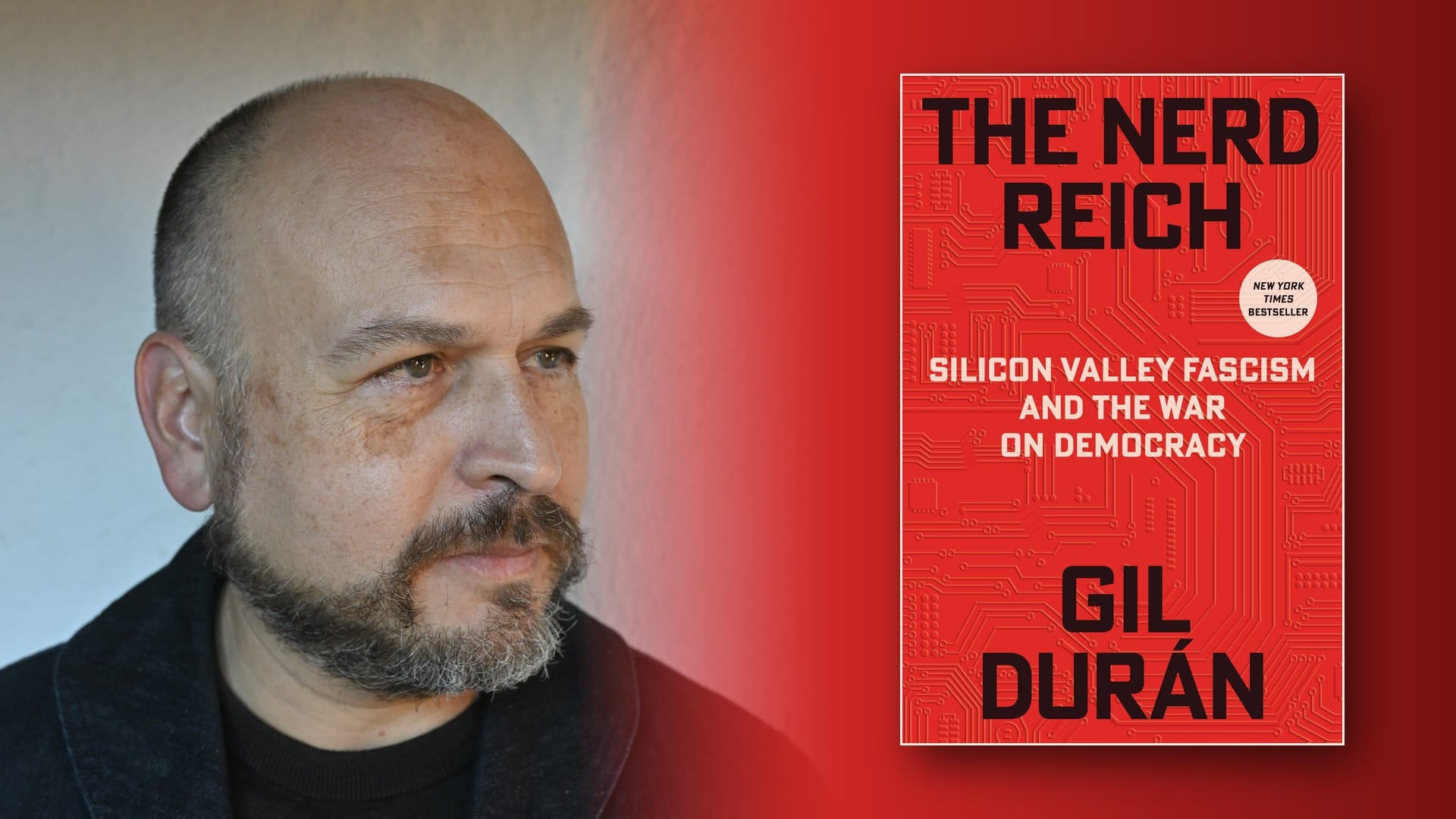 Gil Durán, author of The Nerd Reich, beside the cover of his book