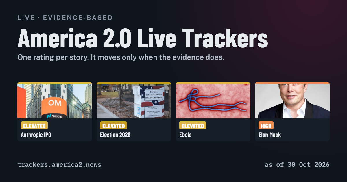 America 2.0 Live Trackers: Anthropic IPO, Election 2026, Ebola and Elon Musk, each with its current rating