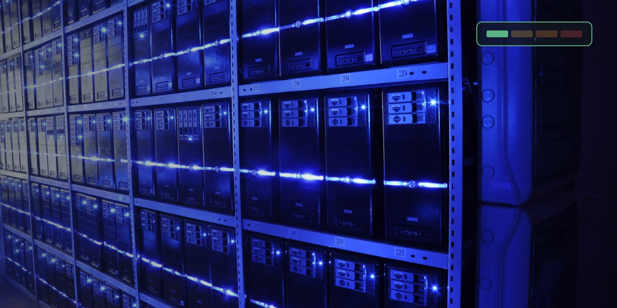 Server racks in a data center (illustrative, not a Yandex facility), with the tracker's LOW rating strip